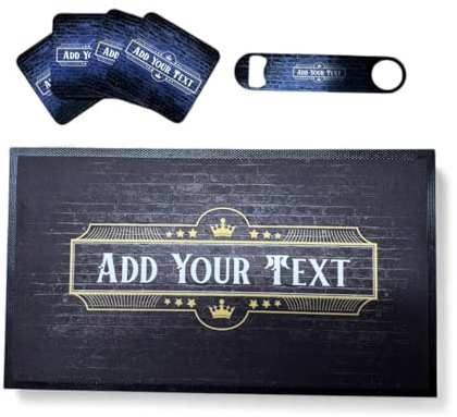 ShopQuality4U Personalise Cocktail Bar Runner Mat, Matching add-ons Bottle Opener, Drinks Coasters, Gift Set | Beer Gifts Home Bar Accessories for Pub Bars Man Cave Him Her Gin Oclock