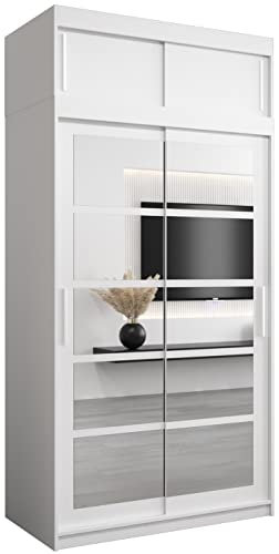 Kryspol Schwebetürenschrank Roma 2 120 cm mit Spiegel Kleiderschrank mit Kleiderstange und Einlegeboden Schlafzimmer- Wohnzimmerschrank Schiebetüren (Weiß mit Erweiterung)