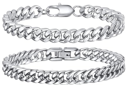 Gamtic Herren Armband Edelstahl Panzerkette Armbänder | 2 Stücke Kubanische Armband für Männer, 8mm Breite, 19/21/23cm Länge, Geschenke für Mann Papa Sohn Freund Ehemann
