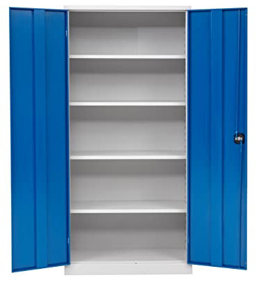 furni24 Aktenschrank, fertig montiert, 195x92x42cm, Stahlflügeltürschrank Materialschrank, Abschließbarer Spind, Aktenschrank mit 5 Fächern, Werkzeugschrank, Mehrzweckschrank, Universalschrank, blau…