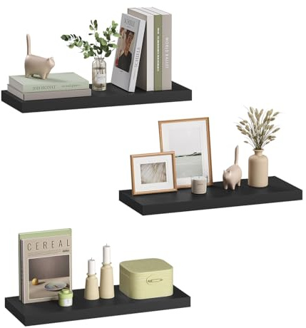 eSituro Wandregal, schwebendes schwarzes Regale für Wandmontage, 3er-Set Schweberegal Hängeregal Wandbrett im Wohnzimmer Schlafzimmer Küche Badezimmer, 60x3,8x22,9 cm | für Wohnzimmer Schlafzimmer Küche Badezimmer, Schweberegal hängend, mit unsichtbarer Halterung