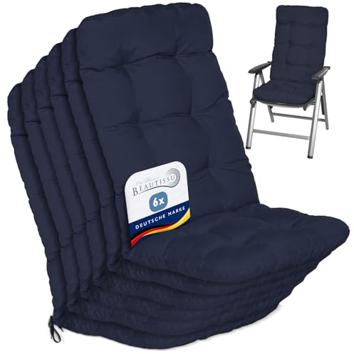 Beautissu 6er Set Hochlehner Auflagen Sitzpolster für Gartenstühle Outdoor | 120x50x8cm Dunkelblau Gartenstuhlauflage für Gartenstuhl Stuhlkissen Rückenlehne hoch Polster Kissen Flair HL
