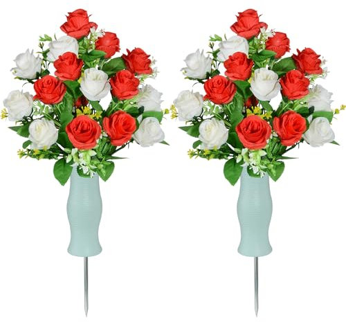 AOFOX Fiori artificiali del cimitero con vaso, fiori di pietra funebre Mazzo di rosa, fiori commemorativi del cimitero per gli arrangiamenti della tomba Set di 2 (Bianco rosso)
