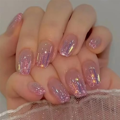 24pcs Short Coffin False Nails Glitter Purple Stick on Nails Aurora Meteor Ballerina Press on Nail Removable Glue on Full Cover Fake Nail Art Accessories for Women