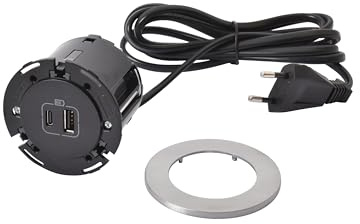 LEGRAND, Incara Disq 60 654732 Prise de charge USB A+C, prise de table, encastrable, multiple, 15 W, longueur du câble 2 m, 2 fiches P+E, couleur : noir/métal