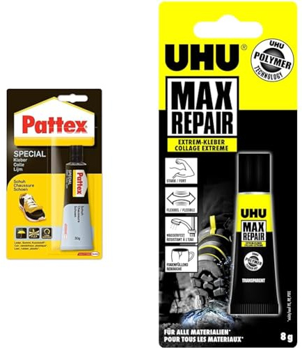 Pattex Colle Spéciale Chaussures - tube 30 gr & UHU Max Repair Extrême - Colle extra forte tout support, flexible, transparente, idéale pour le bois, le plastique, le métal, le cuir - tube 8g