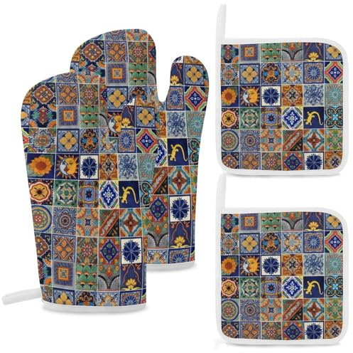 Mexican Talavera Ceramic Tile Pattern Ethnic Folk Oven Mitts and Potholders BBQ Gloves Cooking Gloves for Cooking Baking Grilling
