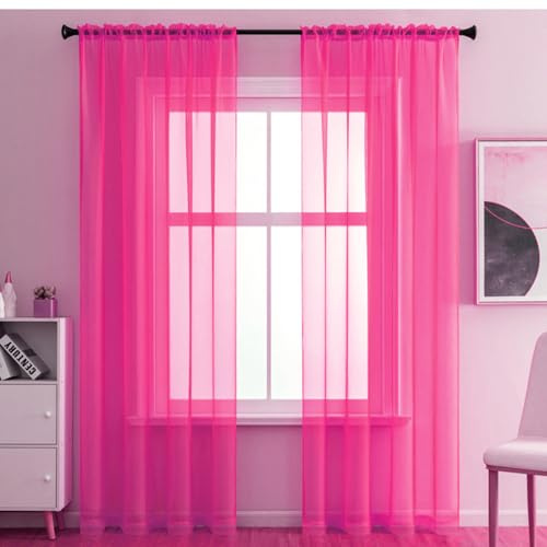 2er Set Transparent Vorhang Gardinen Wohnzimmer,Halbtransparent Vorhänge für Wohnzimmer, Moderne Gardine Voile Vorhangschals Ösenvorhang Dekoschal für Fenster Schlafzimmer Balkontür140x230cm Rose