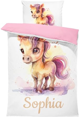 Pictogogo Süßes Pferd-Design Kinderbettwäsche für Mädchen und Jungen mit Namen, Personalisiert, Wählbare Baumwollunterfarbe (Weiß, Rosa, Blau, Grau), Oeko-TEX, 135 x 200 cm
