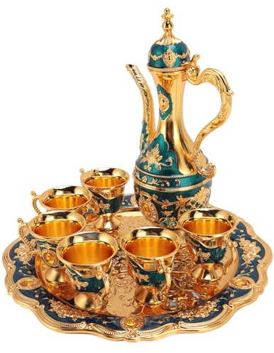 Vintage Turkish Metal Water Serving Set, Vintage Coffee Pot Set European Wine Pot Kit with 6 Cups 1 Tray Set Gold Tea Set for Home Bar, Tea Party Wedding Birthday (Gold Blue)