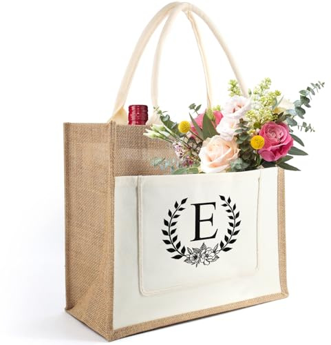 Tarklanda Initialen Jutetasche, Jute Tote Bag Frauen, Jutebeutel mit Alphabet, Jute Tragetasche, personalisiert Geschenk für Frauen Freund Mama, Geburtstage, Muttertag, Hochzeit (E)