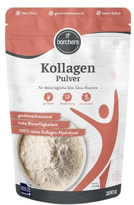 BORCHERS Kollagen Pulver 200g, Premium Kollagenhydrolysat, Kollagenpeptide Typ 1 & 3, leicht löslich, ohne Gentechnik, Ohne Zuckerzusatz, Skin-Glow-Routine