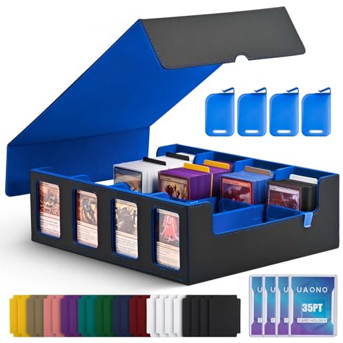 UAONO MTG däckbox för befälhavardisplay, kortdäcksfodral för samlarkort 2 400+, läder magnetisk stängningskort däckbox passar för MTG, YuGiOh och sportkort (svart och blå)