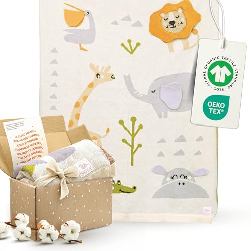 Merle Toys® Babydecke Baumwolle 100% Bio, Baby Decke Savannenfreunde 3D | GOTS & OEKO-TEX zertifizierte Strickdecke Baby, Decke Neugeborenen, Geschenke zur Geburt Mädchen & Jungen, Kuscheldecke Baby