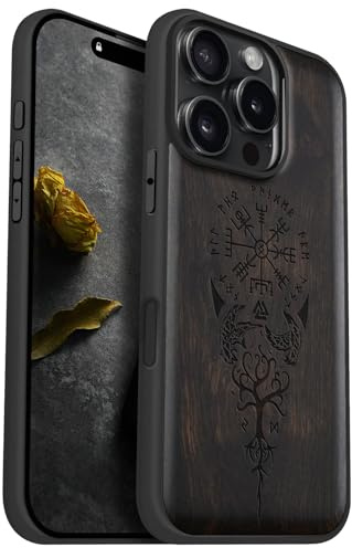Carveit Holz Cover für iPhone 16 Pro, Dunklesholz-Wikingerkompass | Handyhulle kompatibel MagSafe Massivholz für iPhone 16 Pro Handyhülle Stoßstange Weich TPU Case