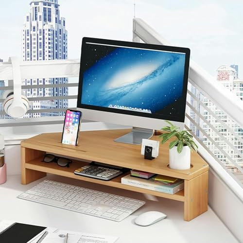 WOTZOV Desktop Organizer Computer Monitor Stand Triangle Desk Monitor Riser Double-layer, Computer Monitor Corner Shelf Tabletop Holder with 2 Slots, Space Saving Screen Storage Rack,Natural