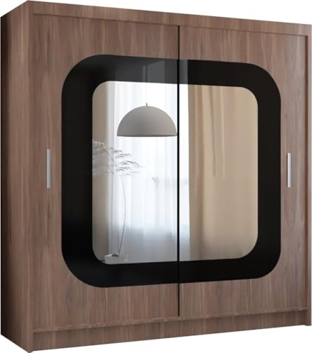 SLIDING WARDROBE 4U Monti Floor Mounted Double Mirror Sliding Door Wardrobe with Adjustable shelves and Hanging Rails (Walnut/BlackStrip, 203cm)