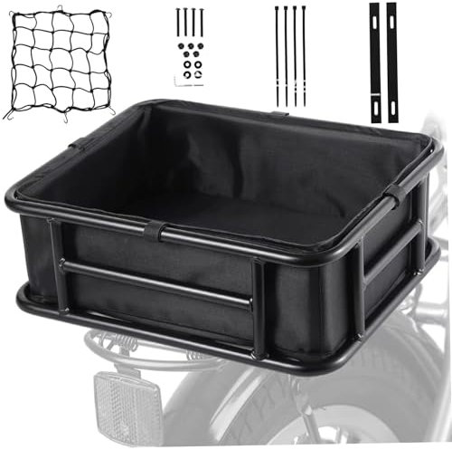 KLFEXVP Ebike Rear Basket Bike Basket Rear 18x13x6In Ebike Rear Basket with Liner Cargo Net & Heavy Duty Replacement Iron Bike Basket for Grocery Pet Bag & More Basket for Bike