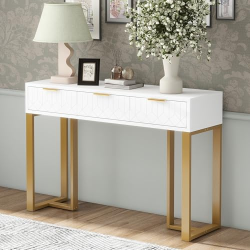 LERFAN Table console moderne avec 3 tiroirs, table basse avec structure dorée, repose-pieds réglables et poignées élégantes 120 x 36 x 80 cm (l x P x H) - Blanc + doré