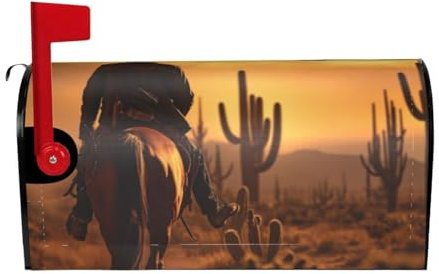 Cactus desierto occidental con vaqueros a caballo impresión magnética buzón cubierta, decoraciones de invierno de Navidad, estándar y tamaños grandes