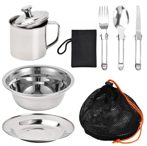 Volumoon 8 Pièces Vaisselle Camping, Ensemble de Cuisine en Acier Inoxydable, Cuillère, Couteau, Fourchette, Tasse, Bol, Assiette, Sac de Rangement Portable avec Sac en Maille pour Bivouac, Voyage