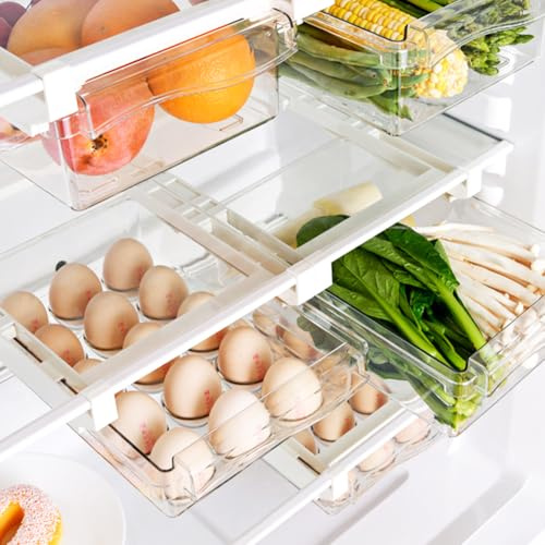 Ranjima kylskåp organisatör låda, 2 st kylskåp lådor utdragbar grönsakslåda ägghållare förvaringslåda Home Organizer organisationssystem för kylskåp låda kök hushåll
