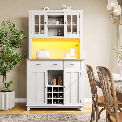 A ALFRESCOOL Küchenschrank, Hochschrank Küchenbuffet, Vitrinenschrank, Buffetschrank mit Verstellbaren Ablagen, Sideboard mit LED-Beleuchtung, Buffetschrank(weiße Schublade)