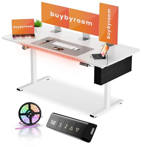 buybyroom Bureau Reglable en Hauteur Electrique, Bureau Assis Debout Électrique, Bureau Debout avec Bande Lumineuse, Sac en Tissu et USB, 160 X 75 CM, Blanc