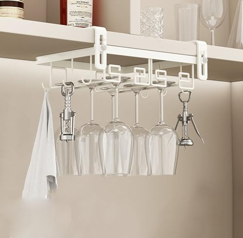Soporte de pared para copas de vino, sin taladro, para colgar copas de vino, ahorro de espacio, diseño elegante para cocina y bar (24 x 23 cm, blanco)