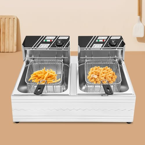 WFIETN - Freidora doble, freidora eléctrica de 12L, acero inoxidable Gastro doble Freidora (6 L+6L) Freír eléctrico comercial Alitas de pollo, patatas fritas, trozos de pescado, 60-200 ℃