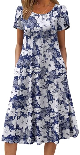 Zeagoo Summer Dresses for Women UK Short Sleeve Ladies Dress Elegant Crew Neck Midi Dress with Pockets Casual Swing Dress Dark Blue Print L