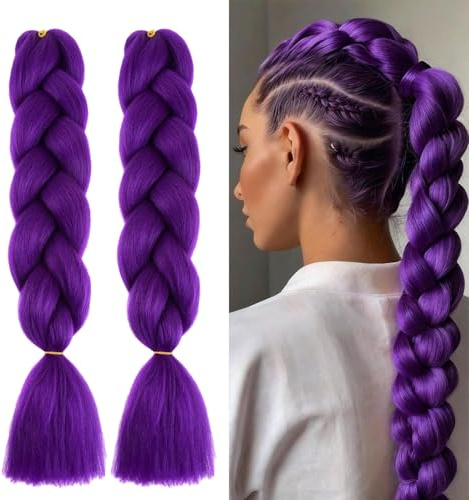 2 Pièce Rajout Cheveux Tresses Violet, Perruque Violette Enfant, Extensions Cheveux Synthétiques Longs Pré-Étirés, pour Tresses Africaines, Cosplay, Fêtes et Halloween