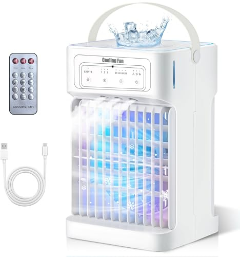 Klimaanlage Mobil, 4-in-1 Mobile Klimaanlage, Ventilator mit Wasserkühlung 1100ml Wassertank, Air Conditioner mit 3 Windgeschwindigkeiten,7 Farben Licht 3 Sprühfunktion, 2-8H Timer für Schlafzimmer