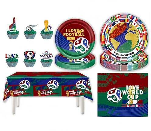 Norinoya 65 Piece Football Disposable Party Supplies Set, All-in-One Match Day Tableware Kit with Dinner & Dessert Plates, Tablecloth and Napkins for Sports Parties and Fan Gatherings