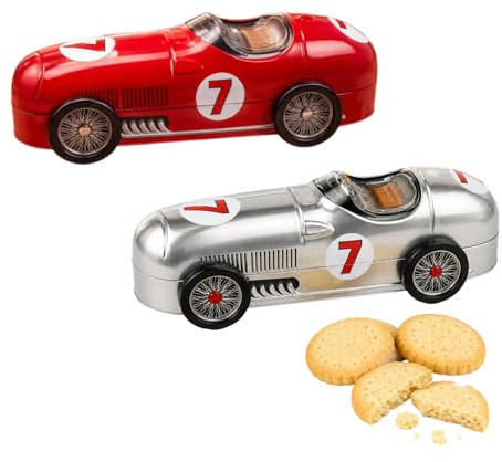 Fathers Day Gift for Dad & Grandad - Vintage Car Biscuit Tin 90g – Retro Racing Car Gift for Dad – Shortbread Biscuits (3 x 30g) – Collectible Reusable Metal Tin, Silver or Red Color (May Vary)