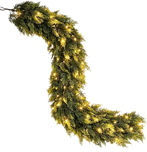 Artificiell cederträ Holiday Decor Prelit julgirland LED trappräcke | Prelit julgirland funktioner LED Realistisk Pine Ceder lövverk inomhus utomhus Mantel Träd trappdekoration