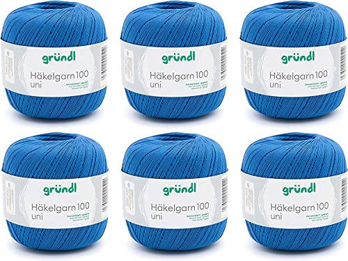 Gründl Wolle Häkelngarn 100 6 Knäuel 100 g, Royalblau | dünne sommerliche Wolle zum Häkeln - Glänzend und waschbar - Baumwollgarn - 100 % Baumwolle - 100 g / 566 m - Nadelstärke 1,5