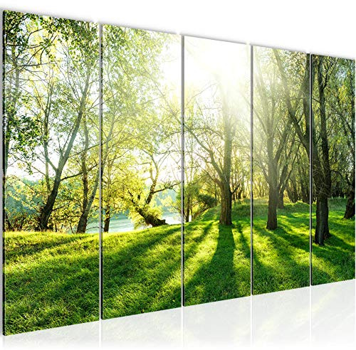 Runa Art Wandbild XXL Wald Landschaft Schlafzimmer Wohnzimmer 200 x 80 cm Grün 5 Teilig - Made in Germany - 608455a