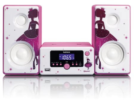 Lenco Stereoanlage MC-020 Kompaktanlage mit Bluetooth, USB und UKW-Radio (Weckfunktion, USB-Lader, Aux, Kopfhörerbuchse) 2 x 5 Watt (RMS), Princess