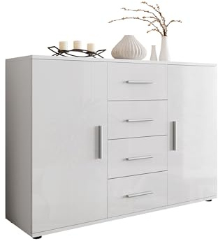 Mirjan24 Kommode Uni Soho, Highboard, Sideboard, Farbauswahl, Mehrzweckschrank, Anrichte, Wohnzimmerschrank, Schrank, Wohnzimmer (Weiß/Weiß Hochglanz)