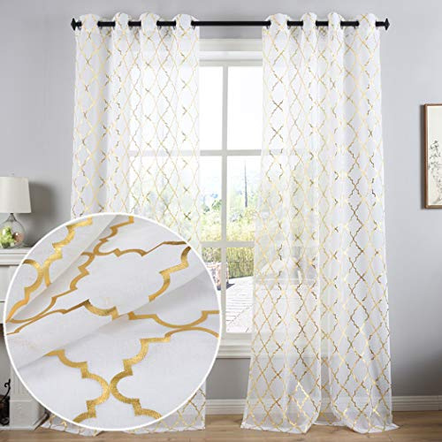 Kotile Vorhänge mit Ösen, Voile, durchscheinender Foliendruck, marokkanisches Muster, für Babyzimmer, 2 Bahnen Marokkanisch 52x84 White Sheer - Gold Moroccan