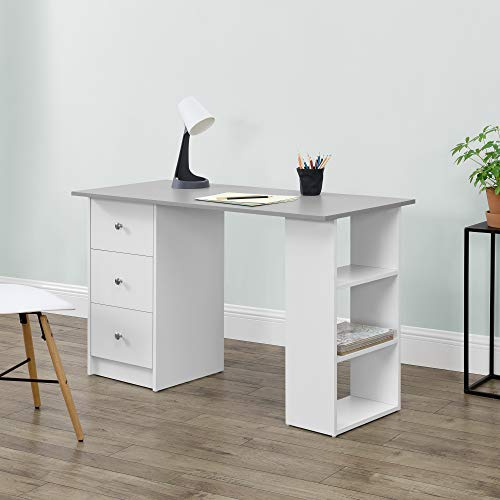 [en.casa] Schreibtisch 120x50x72cm mit 3 Ablageflächen und Schubladen Bürotisch Weiß/Hellgrau Computertisch PC Tisch