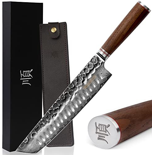 YOUSUNLONG Cuchillo Cocinero Tanto 10 pulgadas - Cuchillo de cocina - Acero Damasco Martillado Japonés - Mango de Nogal Natural con Funda de Cuero