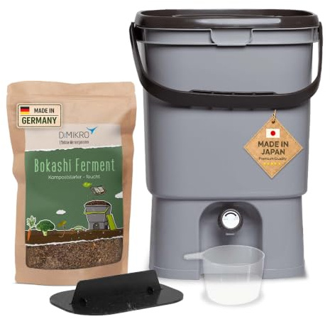 Bokashi Eimer Starterset grau - Bokashi Ferment & Bokashi Broschüre | Starterset im japanischen Design mit Infobroschüre - ideal für den einfachen Einstieg ins Bokashi-Kompostieren