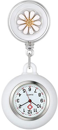 WONOLO Retractable Nurse Fob Watch, Luminous Clip-on Hanging Lapel Pocket Watches with Cute Flower Pattern, Pointer Glow in Dark for Nurses Doctors Paramedics (White)