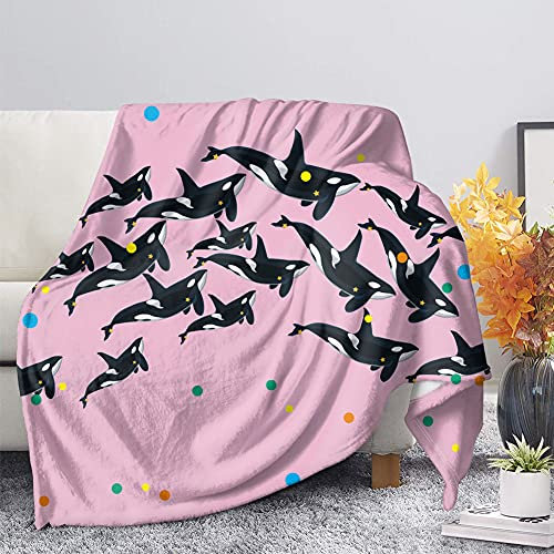 HUGS IDEA Weiche Decke Baumwolle Decken, Basic Größe & Volle Größe, Dicke Fuzzy Shaggy Bett Decke, Sofa Kissen, Yogamatte und Kniedecke, Rosa Schwarz Killer Whales Dot - 2XL