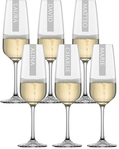 Set di 6 bicchieri da spumante con incisione, 283 ml, tasto Schott (nuovo: Tulip), lavabili in lavastoviglie, con incisione laser personalizzata, 6 pezzi di flauto da spumante