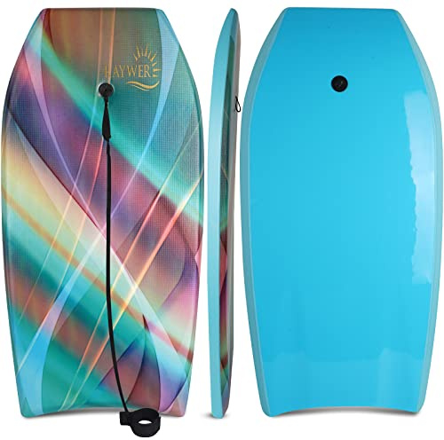 RAYWER Bodyboard, leicht, mit EPS-Kern, glatte Unterseite aus HDPE, Leine und verstellbarem Handgelenksband, tolles Surfen für Kinder und Erwachsene (Regenbogen, 84 cm)