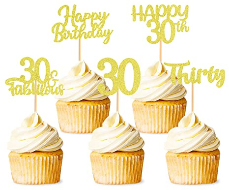40 Stück Gold Glitzer 30. Geburtstag Cupcake Topper Picks für Mädchen Jungen Teen Party Dekoration
