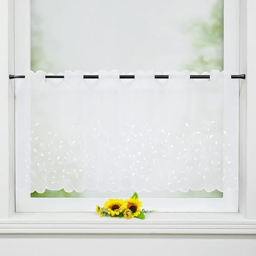 Delien Voile Scheibengardinen Küche »Grünland« B120 x H45 cm, Weiß | 1 Stück,Bistrogardine mit Stickerei,Transparent Kurzstores,Durchstangenzug Kurzgardinen,Kurzvorhang mit Blattmuster